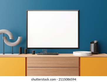 Empty horizontal picture frame on blue wall in modern living room. Mock up interior in minimalist, contemporary style. Free space for your picture, poster. Yellow console. 3D rendering. Close up view.