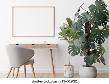 Empty Horizontal Picture Frame On White Wall In Modern Room. Mock Up Interior In Contemporary Style. Free Space, Copy Space For Your Picture, Poster. Desk, Chair, Plants, Parquet Floor. 3D Rendering