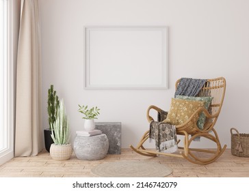 Empty horizontal picture frame on white wall in modern living room. Mock up interior in boho style. Free, copy space for your picture, poster. Rattan armchair, plants, wooden floor. 3D rendering