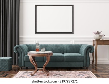 Empty Horizontal Picture Frame On White Wall In Modern Living Room. Mock Up Interior In Classic Style. Free, Copy Space For Your Picture, Poster. Sofa, Table, Parquet Floor, Carpet. 3D Rendering