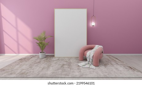 Empty Horizontal Picture Frame On Pink Wall In Modern Child Room. Mock Up Interior In Scandinavian Style. Free, Copy Space For Your Picture. Bed, Table, Chairs, Toys. Cozy Room For Kids. 3D Rendering