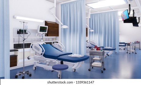 Empty Hospital Bed And Various First Aid Medical Equipment In Clean Emergency Room Of Modern Clinic. With No People 3D Illustration On Health Care Theme From My Own 3D Rendering File.