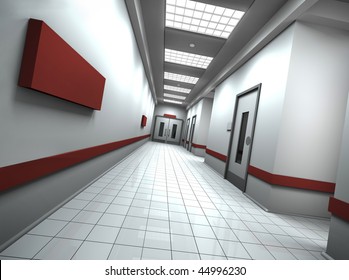 Empty Hospital/office Corridor With Empty Sign On The Wall. 3D Rendered Image.