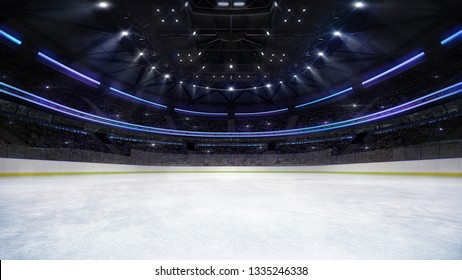 empty ice rink arena inside view illuminated by spotlights, hockey and skating stadium indoor 3D illustration background, my own design