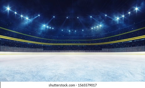 Empty Ice Rink And Illuminated Stadium With Fans, Playground View. Professional Ice Hockey Sport 3D Render Illustration Background.