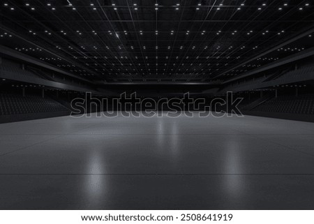 Empty Indoor stadium centre.The backdrop for sports, booth,exhibition,trade show.Conversation for activity,meeting.Arena for entertainment,event,Concert.Indoor for Soccer,football,showroom.3d render.