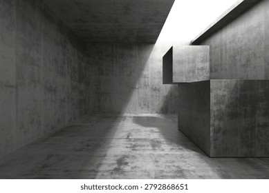Empty industrial concrete room with a rectangular skylight casting a strong diagonal beam of light across textured walls and floor. high-contrast monochrome scene suitable for architectural backgrounds, posters, banners, and minimalist design projects.