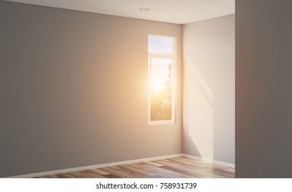 Empty interior. 3D rendering. Sunset.