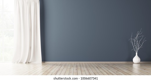 Empty interior background, room with blue wall, vase with branch and window 3d rendering