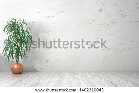 Empty interior background, room with marble wall, vase with plant on the white wooden floor 3d rendering