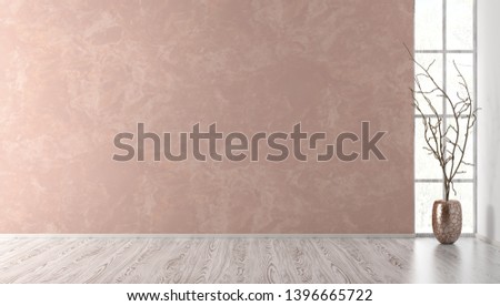 Empty interior background, room with pink wall, vase with branch and window 3d rendering