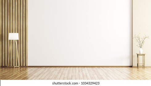 Empty interior background, room with wood paneling, vase with flower branch and floor lamp 3d rendering - Shutterstock ID 1034329423