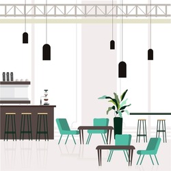 Empty Interior Cafe, Cafeteria Design With Bar Counter And Place For Customers. Lounge Empty For Business Meeting And Coworking, Illustration Coffeehouse With Desk Fot Workplace, Cafe Office 