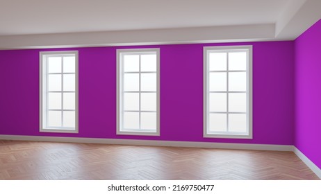 Empty Interior Concept with Pink Walls, Three Large Windows, Light Glossy Herringbone Parquet Floor and a white Plinth. Beautiful Unfurnished Room. 3D rendering, Ultra HD 8K, 7680x4320, 300 dpi