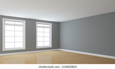 Empty Interior Corner with Grey Walls, Two White Windows, Light Glossy Parquet Floor and a White Plinth. Perspective View. 3d rendering with a Work Path on the Windows. 8K Ultra HD, 7680x4320, 300 dpi