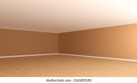 Empty Interior Corner with Light Brown Walls, White Ceiling, Light Parquet Flooring and a White Plinth. Unfurnished Empty Room. Perspective View. 3d illustration, Ultra HD 8K, 7680x4320, 300 dpi