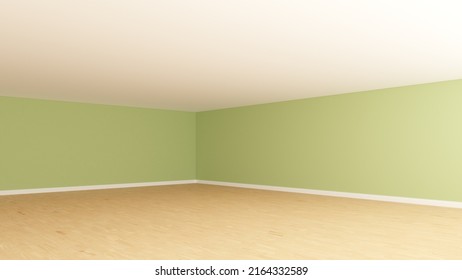 Empty Interior Corner with light green Walls, White Ceiling, Light Parquet Floor and a White Plinth. Unfurnished Empty Room. Perspective View. 3d illustration, Ultra HD 8K, 7680x4320, 300 dpi