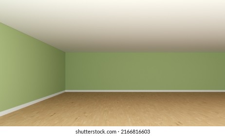 Empty Interior Corner with Light Green Walls, Frontal View. Interior Concept without Furniture, White Ceiling, Wooden Parquet Floor and a White Plinth. 3d rendering, 8K Ultra HD, 7680x4320, 300 dpi