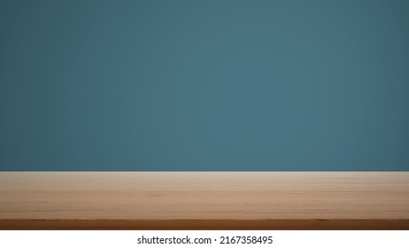 Empty Interior Design Concept, Wooden Table, Desk Or Shelf Close Up. Blue Colored Background With Copy Space, Template Mock Up Concept Idea, 3d Illustration