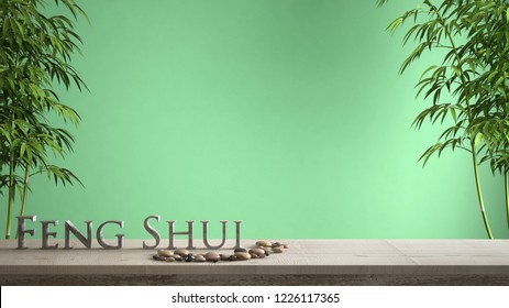Empty interior design concept zen idea, wooden vintage table or shelf with pebble balance, green bamboo and 3d letters making the word feng shui over green background copy space, 3d illustration