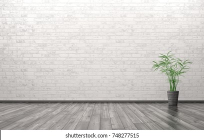 Empty Interior Of Living Room With Plant Over Brick Wall Background 3d Rendering