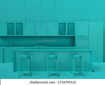 Empty Interior In One Color Blue, Kitchen With Island, 3d Illustration