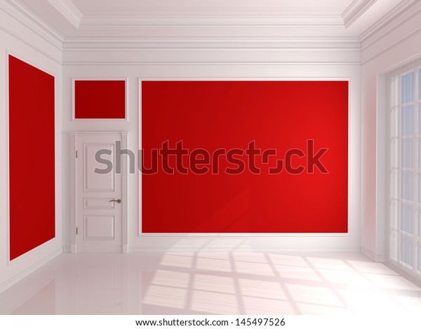 Empty Interior Red Walls White Door Stockillustration 145497526