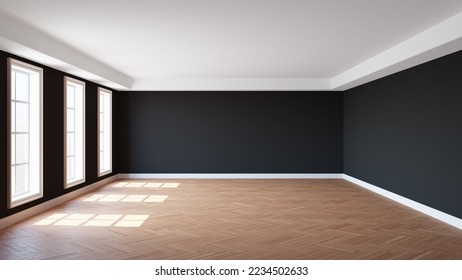 Empty Interior of the Room with Black Stucco Walls, Three Windows, White Ceiling Cornice, Glossy Herringbone Parquet Floor and a White Plinth. 3D rendering with a Work Path on the Window. Ultra HD 8K