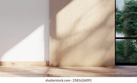 empty interior room shadow wall space background mock up architecture sunlight. empty home modern window light floor design apartment white house indoor. blank minimal concept backdrop bright clean.
