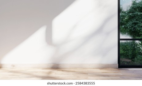 empty interior room shadow wall space background mock up architecture sunlight. empty home modern window light floor design apartment white house indoor. blank minimal concept backdrop bright clean.