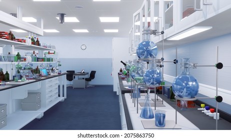 Empty interior of scientific research lab room with various modern laboratory equipment on workplace tables. With no people medical and science concept 3D illustration from my own 3D rendering file.
