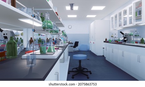 Empty interior of scientific research lab workplace with various modern laboratory equipment. With no people medical and science technology concept 3D illustration from my own 3D rendering file.