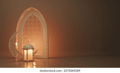 Empty Islamic background 3d rendered with Islamic gazebo and carving crescent