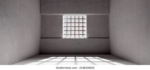 Empty Jail With A Window And Prison Bars, Concrete Walls And Floor, Dungeon Interior. Conviction And Incarceration Concept, Banner. 3d Render