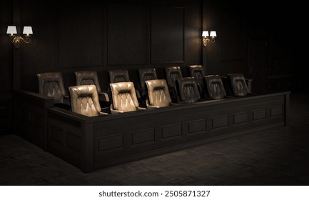 Empty jury box illuminated  dramatic lighting. law concept. 3d background