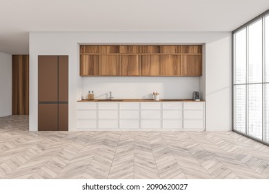 Empty Kitchen Space With White And Wood Modular Cabinet, Designed With Minimalist Interior Concept, Parquet Floor, Modern Integrated Equipment And Panoramic Windows. 3d Rendering