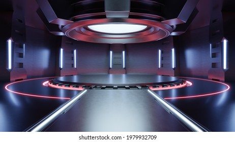 Empty Light Red Studio Room Futuristic Sci Fi Big Hall Room With Lights Red, Future Background For Design,3d Rendering