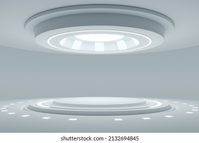 Empty Light White Studio Room Futuristic Sci Fi Big Hall Room With Lights White.3d Rendering