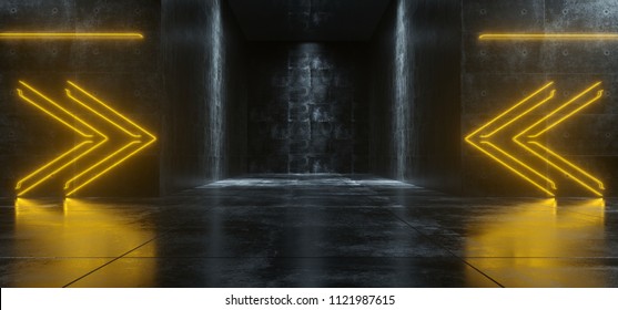 Empty Lighted Dark Grunge Concrete Room With Neon Lights Pointing Arrows In The Middle. 3D Rendering Illustration