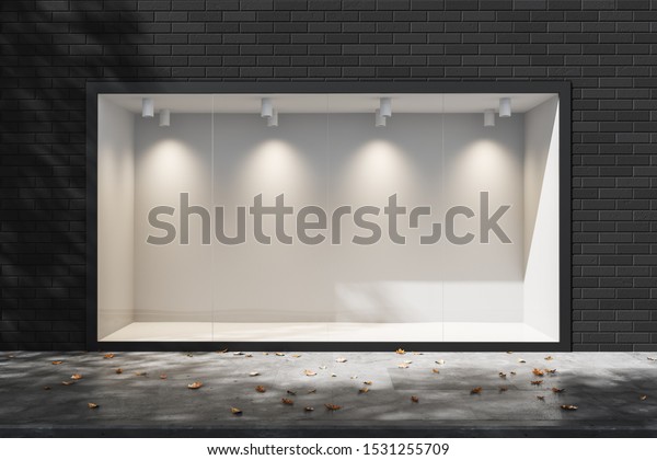 Empty lighted showcase Shop in the\
daytime. Empty space for advertising. Mock up. 3d\
rendering