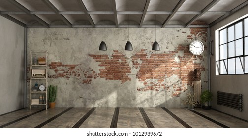 Empty living room in industrial style withdecor objects and brick wall - 3d rendering