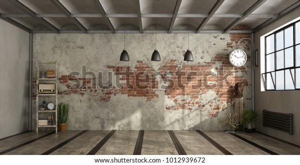 Empty living room in industrial style\
withdecor objects and brick wall - 3d\
rendering