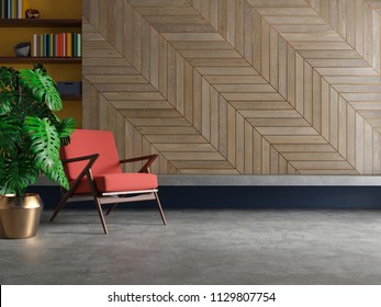 Empty Living Room Modern Interior With Armchair, Monstera Plant, Concrete Floor, Wood Panel. 3d Illustration Render Mock Up.