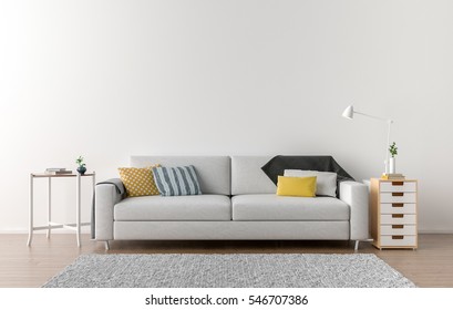Empty living room with white wall in the background. 3D illustration
