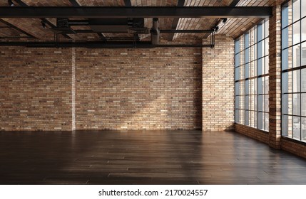 Empty Loft Apartment, Industrial Style, 3d Render