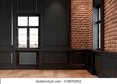 Empty Loft Interior With Wall Panel, Brick Wall And Wood Floor. 3d Render Illustration Mock Up.