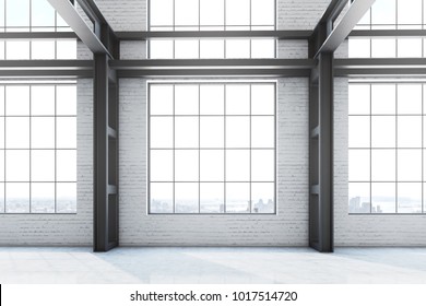 Empty loft office interior in a former factory building. Large windows with a cityscape. Concept of advertising and business. 3d rendering mock up