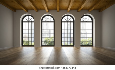  Empty Loft Room With Arc Windows 3D Rendering