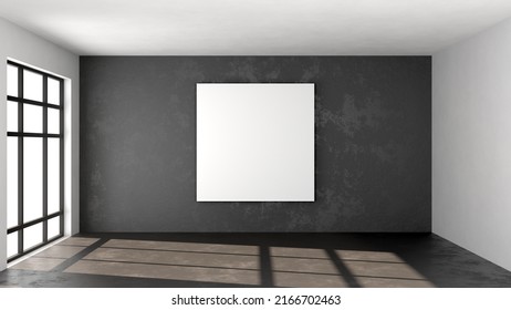 Empty Loft Room With Blank Square Poster Copy Space Mock Up On Concrete Background Wall. Modern Art Gallery, Exhibition, Advertising Concept. 3D Illustration