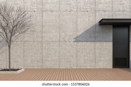 Empty Loft Wall Exterior 3d Render,There Are Wooden Floor Polished Concrete Wall,black Metal Door,decorate With Dry Tree